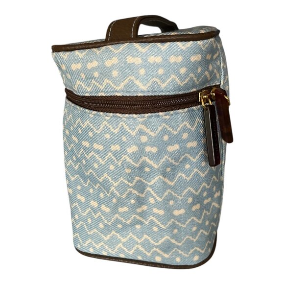 Vtg Estée Lauder Blue White Zigzag Cosmetic Travel Bag with Brown Trim - Picture 2 of 8